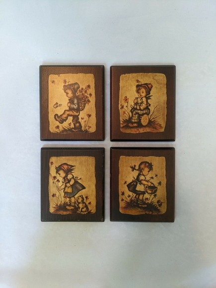 Hummel Mini Art Prints On Wood Wall Plaques Boys & Girls Set Lot of 4